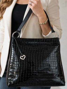 Brighton Cher Black Croc Embossed Patent Leather Shoulder Bag Silver Rings